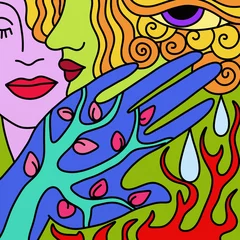 Cercles muraux Abstraction classique visages de femmes et main bleue