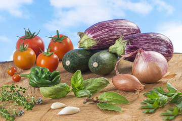 Various fresh vegetables ratatouille ingredients