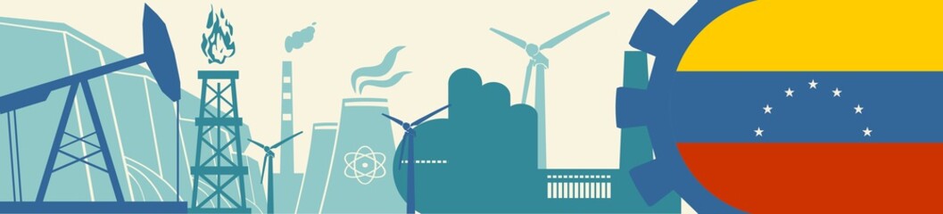 Fototapeta premium Energy and Power icons set. Header banner with Venezuela flag. Sustainable energy generation and heavy industry. Vector illustration