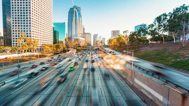 Time-lapse of rush hour freeway traffic in downtown Los Angeles, CA on route 110