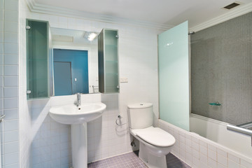 Fototapeta na wymiar Stylish clean bathroom with shower and bath tub