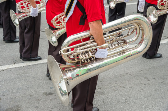 Fanfare in Montreal, close-up of an euphonium.