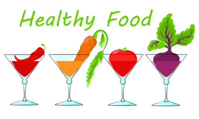 The juice in a glass. Vegetables. A tomato. Beet . Pepper. Carrot.