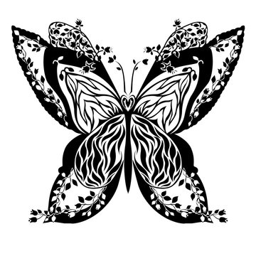 Silhouette of a butterfly. Floral ornament