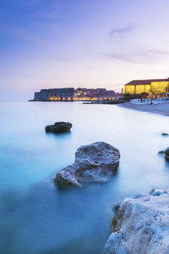 Sunset over Banya beach and old town, Dubrovnik, Croatia, Dalmatia