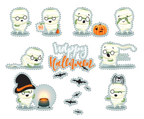 Fototapeta premium Celebration Happy Halloween. Set cute cartoon halloween character costumes, zombie, mummy. Funny doodle characters with hat cooks in the pot. Surprised fright, smile and fear, bats fly