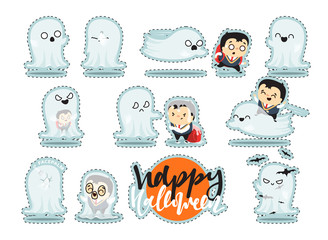 Funny cartoon schoolboy character and ghosts, Scene Concept adventure on Halloween. Doodle cute characters for holiday happy Halloween. Children and mythical creatures. Isolated vector illustration
