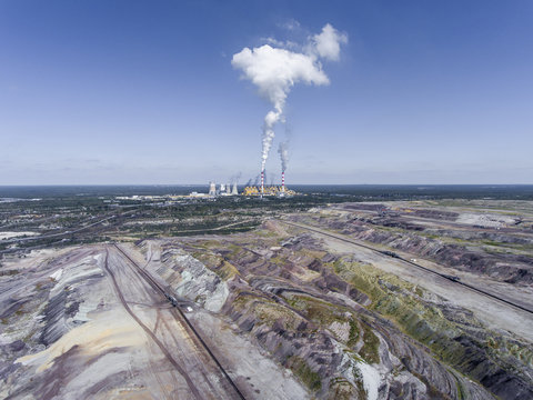Surface coal mining and power station in Poland. Destroyed land.