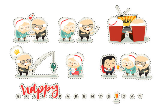 Characters elderly, grandparents. Doodle cute people isolated. National Grandparents Day. Concept for greeting cards. Grandpa fishing, watching TV, grandson gives a gift, Long Life. Funny cartoon