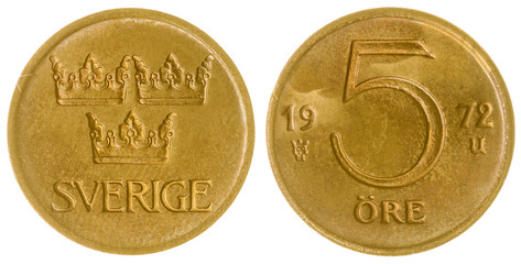 5 ore 1972 coin isolated on white background, Sweden
