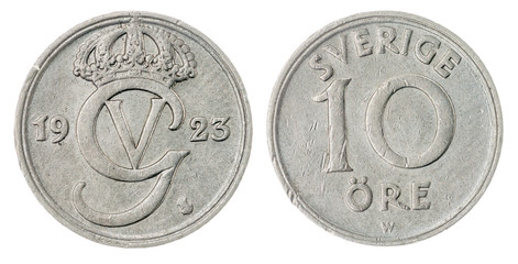10 ore 1923 coin isolated on white background, Sweden