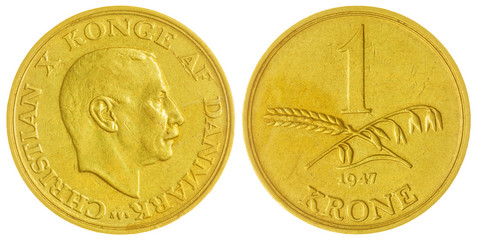 1 krone 1947 coin isolated on white background, Denmark