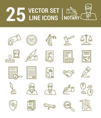 Vector set of icons in a linear design. Notary and notary office. Set of elements of legal Affairs, certification of papers, certificates, contracts, documents. Template for website, app, stamp.