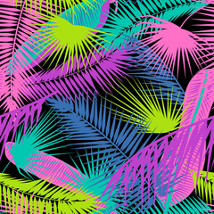 Abstract fluorescent exotic leaves vector seamless pattern