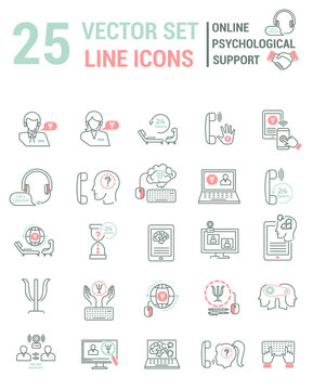 Set vector line icons in flat design with Online psychological s