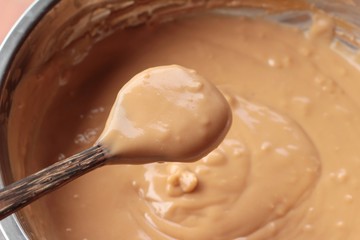 bread with custard delicious on wood background.
