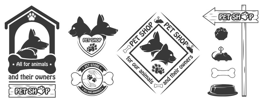 Vector set of logos and emblems for a pet store. Vector image, logo cats and dogs, with elements of their supply, bone, bowl, clockwork mouse, a rubber ball for the game.
