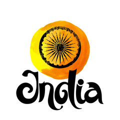 India. Grunge vector sign of yellow watercolor background.