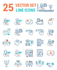 Set vector line icons in flat design with psychological help elements