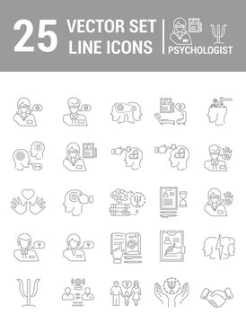 Set vector line icons in flat design with psychological help elements