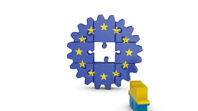 Gear-puzzle with a flag of the European Union and the  Ukrainian.3D render.