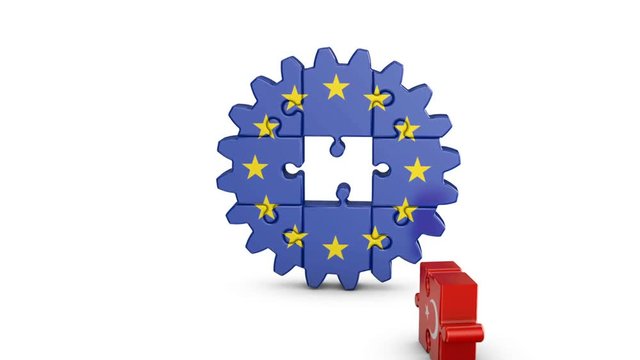 Gear-puzzle with a flag of the European Union and the Turkey.3D render.
