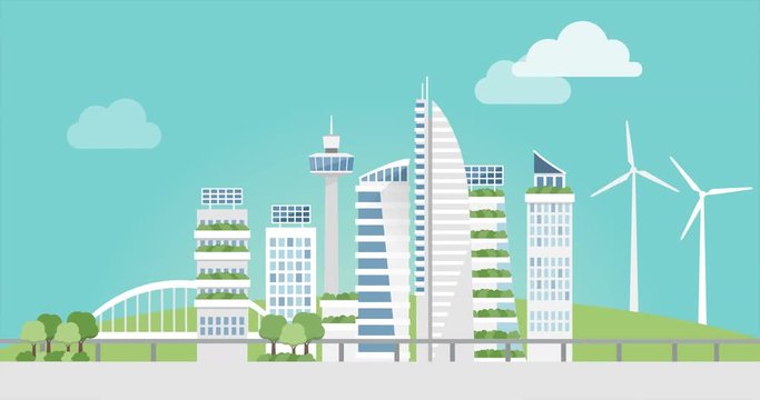 Futuristic smart green city with wind turbines and monorail, video loop 
