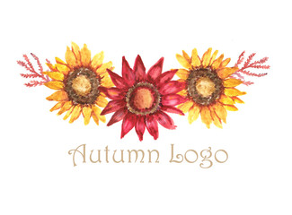 Hand-drawn watercolor illustration of the beautiful autumn composition with sunflowers. Isolated on the white background