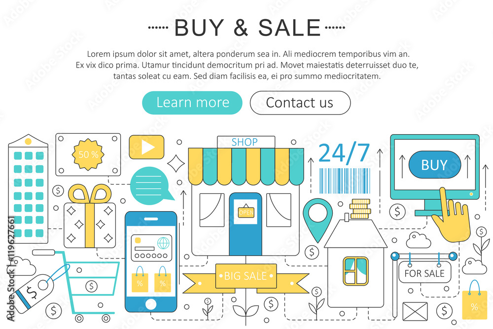 Poster vector elegant thin line flat modern art design buy and sell commerce concept. website header banner