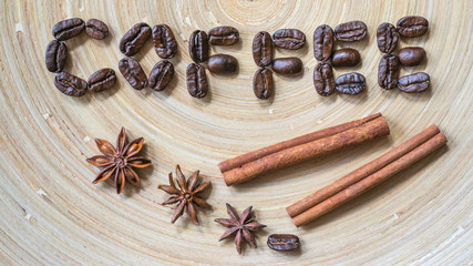 Coffee, cinnamon and star anise. Coffee beans.