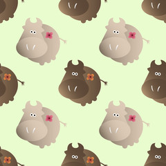 baby seamless pattern with a funny cute farm cows, on a light green background
