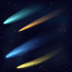 Obraz premium Realistic color vector meteor asteroid comet in the night sky in space. Space Cosmos galaxy background.