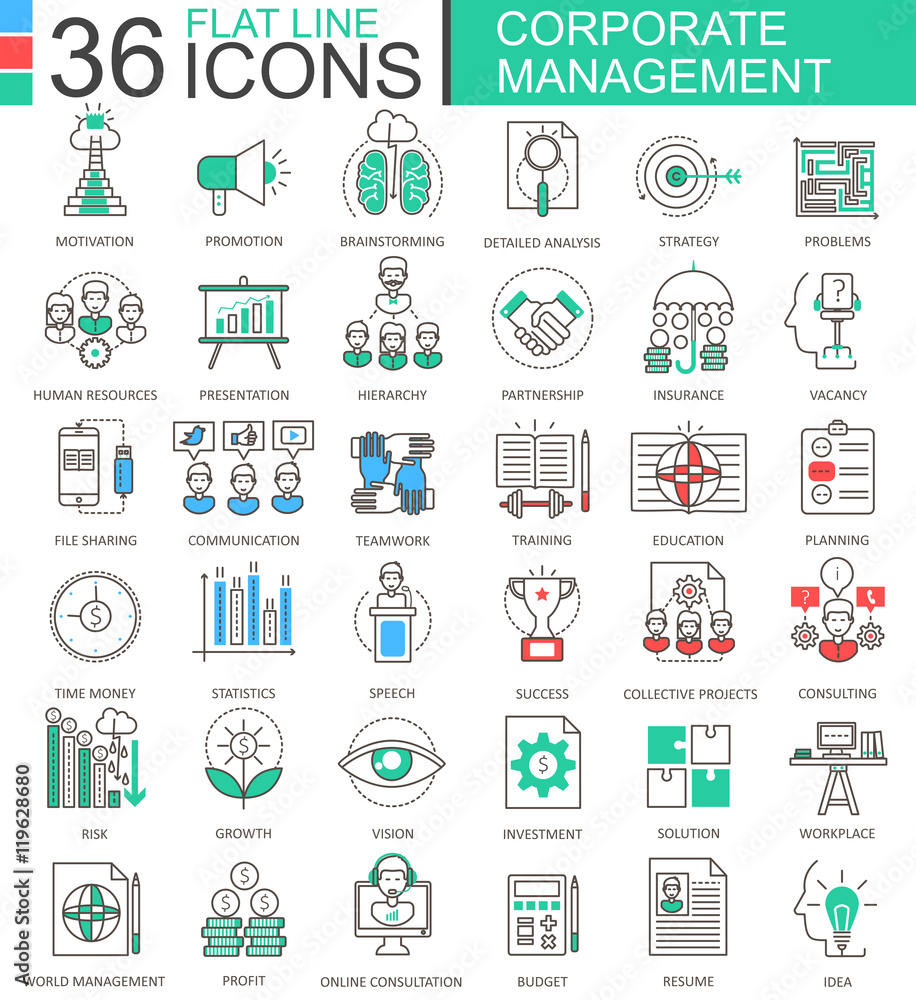 Poster Vector Corporate managment modern color flat line outline icons for apps and web design.