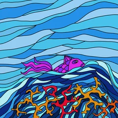 Papier Peint photo autocollant Abstraction classique poisson dans la mer bleue