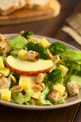 Frischer Salat aus Apfel, Brokkoli, Blattsalat, Gurke, Erdnuss, Käse und Croutons auf Teller, fotografiert mit natürlichem Licht (Selektiver Fokus, Fokus auf die Vorderkante der Apfelscheibe)
