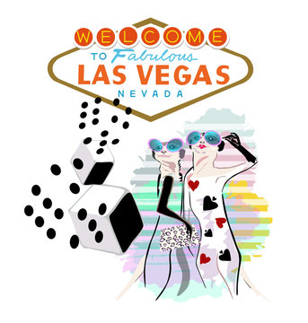 Abstract sketch two, fun, meerkat, Welcome, Fabulous, Las, Vegas, Nevada, text ,sing,  color fashion design vector print, casino, dice, worms, peak, pattern
