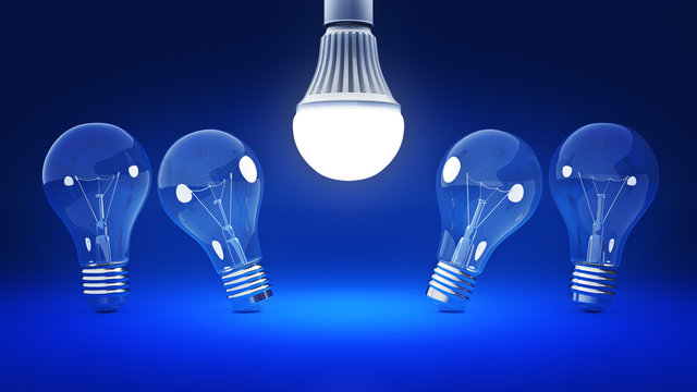 Glowing LED bulb and simple light bulbs. 3d rendering