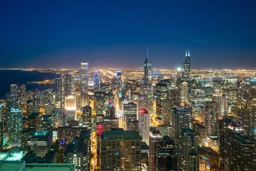 Fotobehang Luchtfoto van de skyline van het centrum van Chicago bij zonsondergang © f11photo