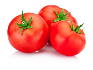 Three red tomatoes isolated on white background
