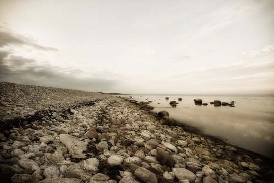 Pebbled beach, Holmudden, Gotland, Faro, Sweden, black and white