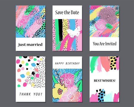 Collection of hand drawn creative universal cards templates with flowers and brush strokes. Wedding, anniversary, birthday, Valentine's, party, poster, invitation, placard, brochure, flyer, business.