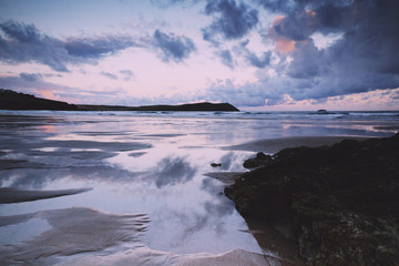 Early morning view of the beach at Polzeath Vintage Retro Filter