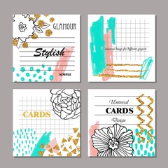 Set of hand drawn creative universal cards, posters, brochures, flyers. Wedding, anniversary, birthday, Valentine's day, party, invitation, business design.