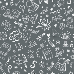 Seamless pattern on the school theme on a blackboard. Illustration with cartoon school subjects. School utensils drawn in chalk on a blackboard.