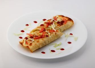 Mexican tacos with meat, beans and salsa.