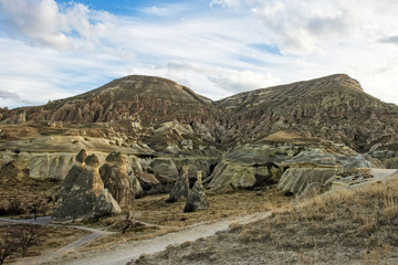 fairy chimneys, cave and church in volcanic Cappadocia, Turkey