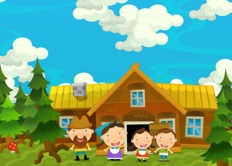 Cartoon happy and funny farm scene with young pair of kids and parents - brother and sister - illustration for children