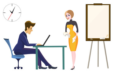 Boss and secretary in the office of the head. Secretary with documents in hand near the flip chart. On the wall clock. The working process.