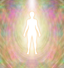 Golden Goddess Aura - white female silhouette figure with golden glow and delicate multi layered golden multi layered auric field      