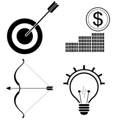 Four simple icons target goal, idea bulb, stack of coins.